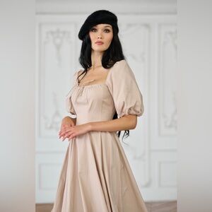 Selkie Sparrow Day Dress Cotton Puff Sleeve Cottagecore Midi Size S